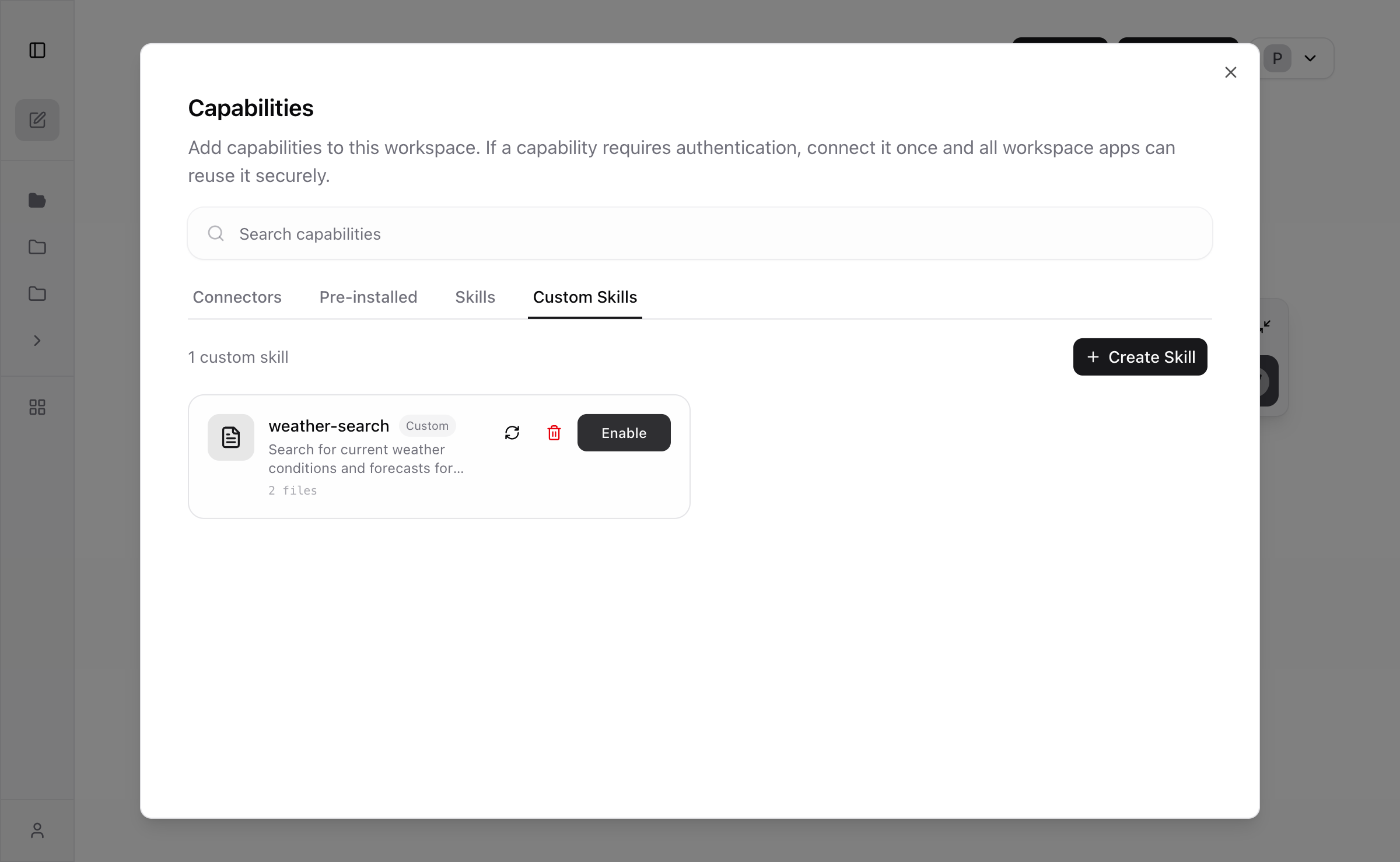 Skill disabled - Enable button shown, capabilities count back to 19