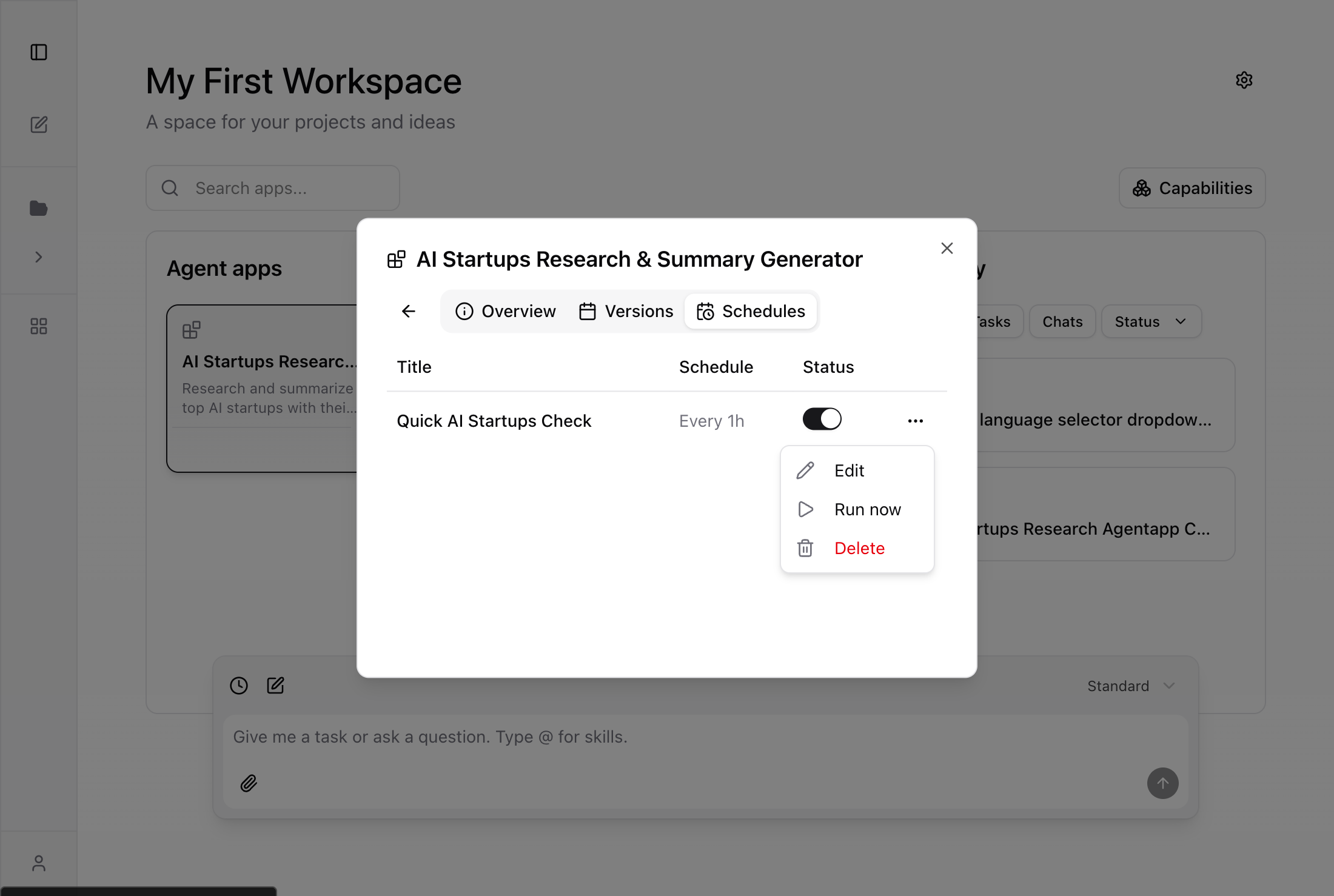 Schedule actions menu with Edit, Run now, and Delete