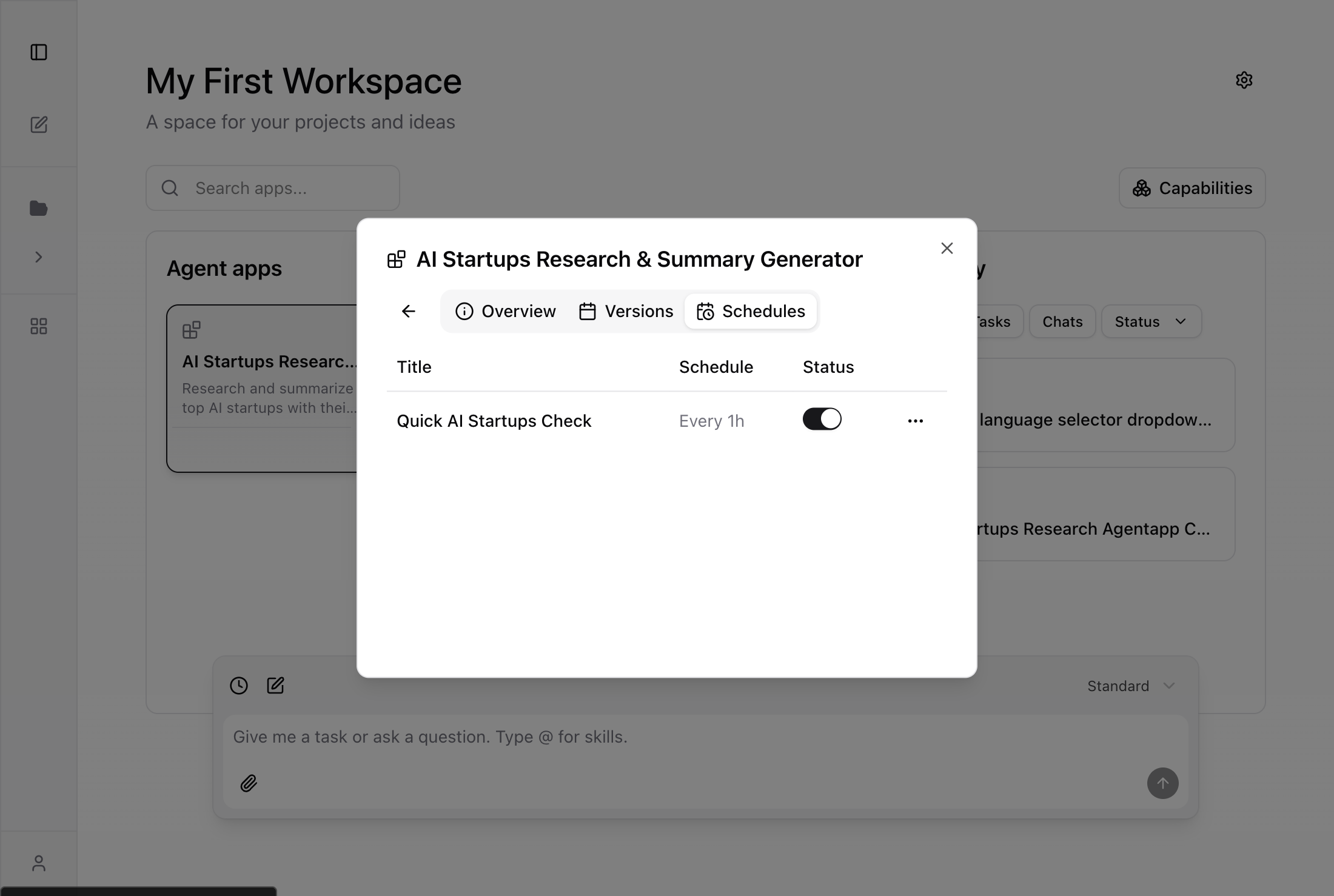 Schedules tab showing active schedule