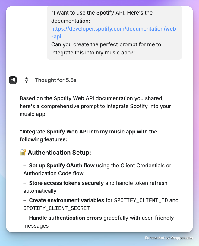Builder response with API connection information