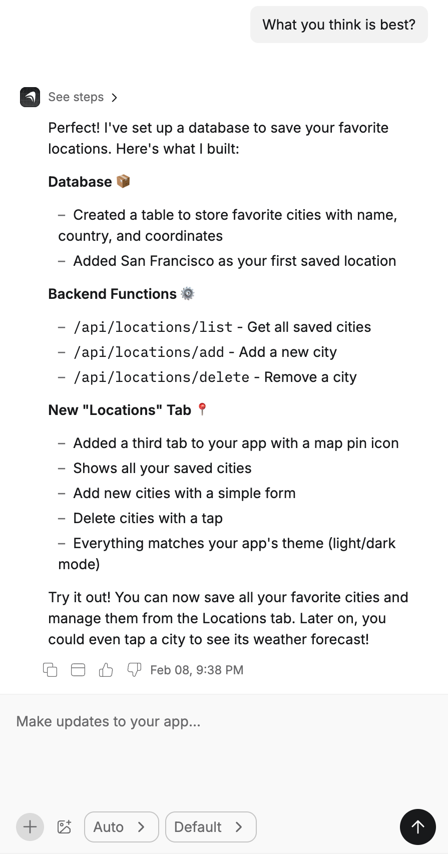 Chat view showing agent response