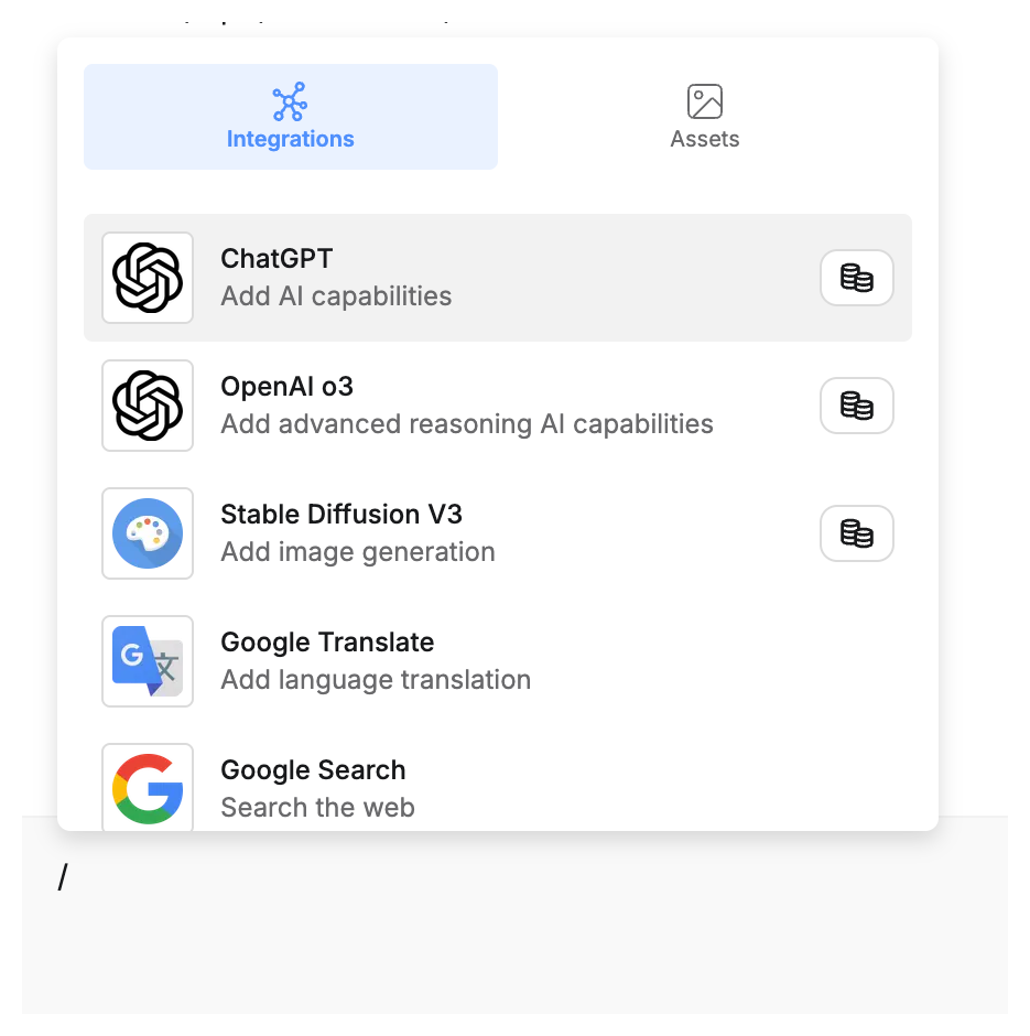 Slash command menu with integrations