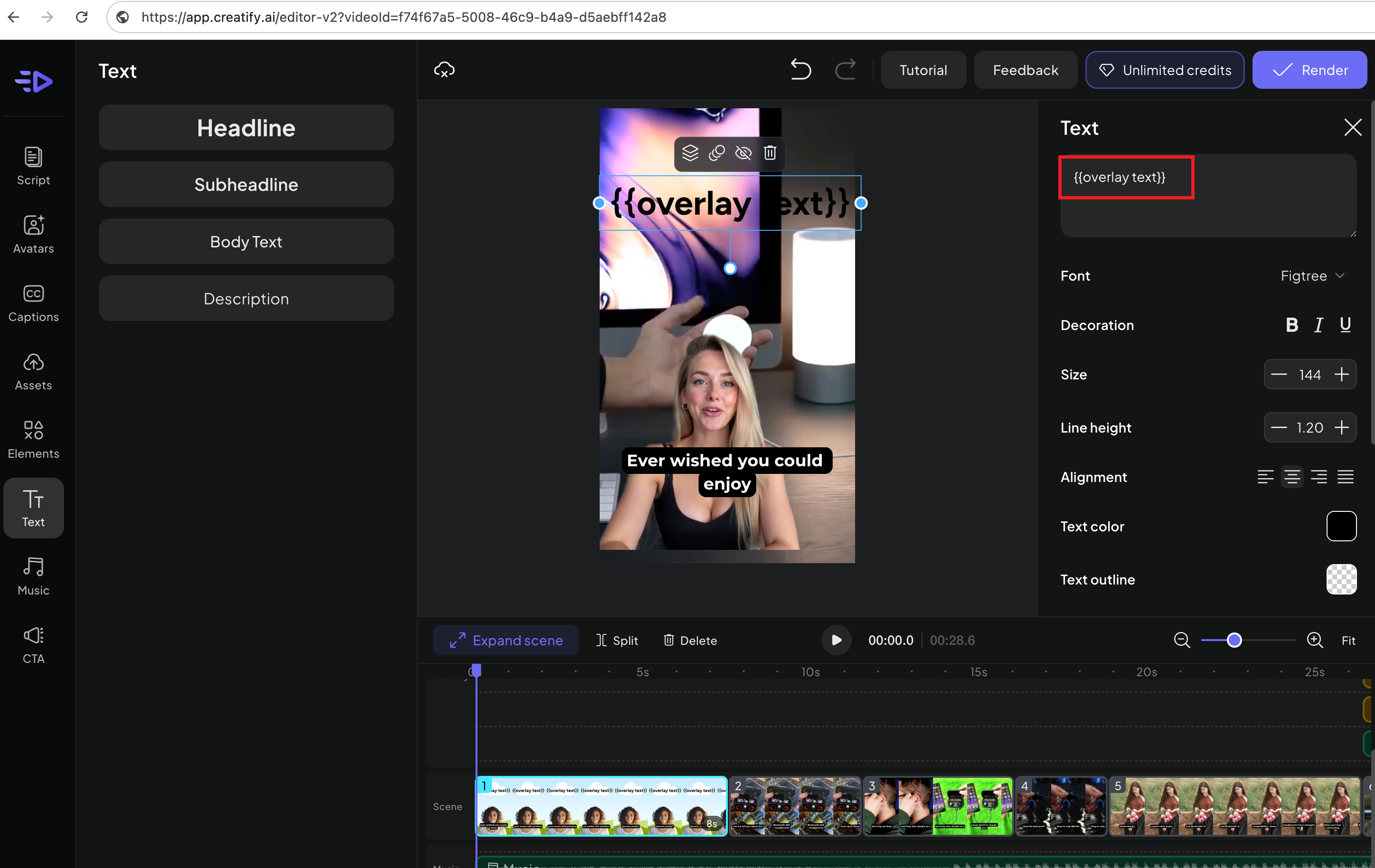 Add Text Element (Overlay Text) on Creatify.ai