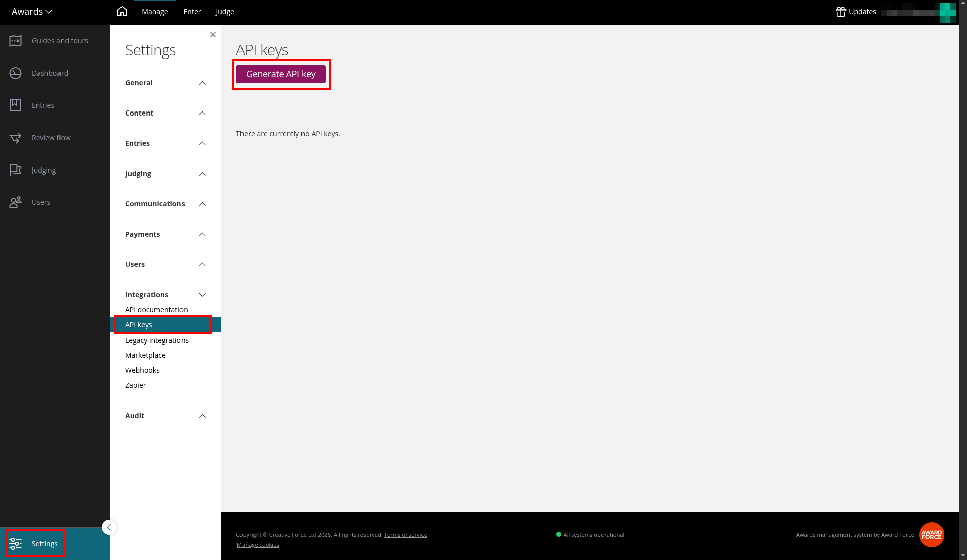 Generate API key in dashboard