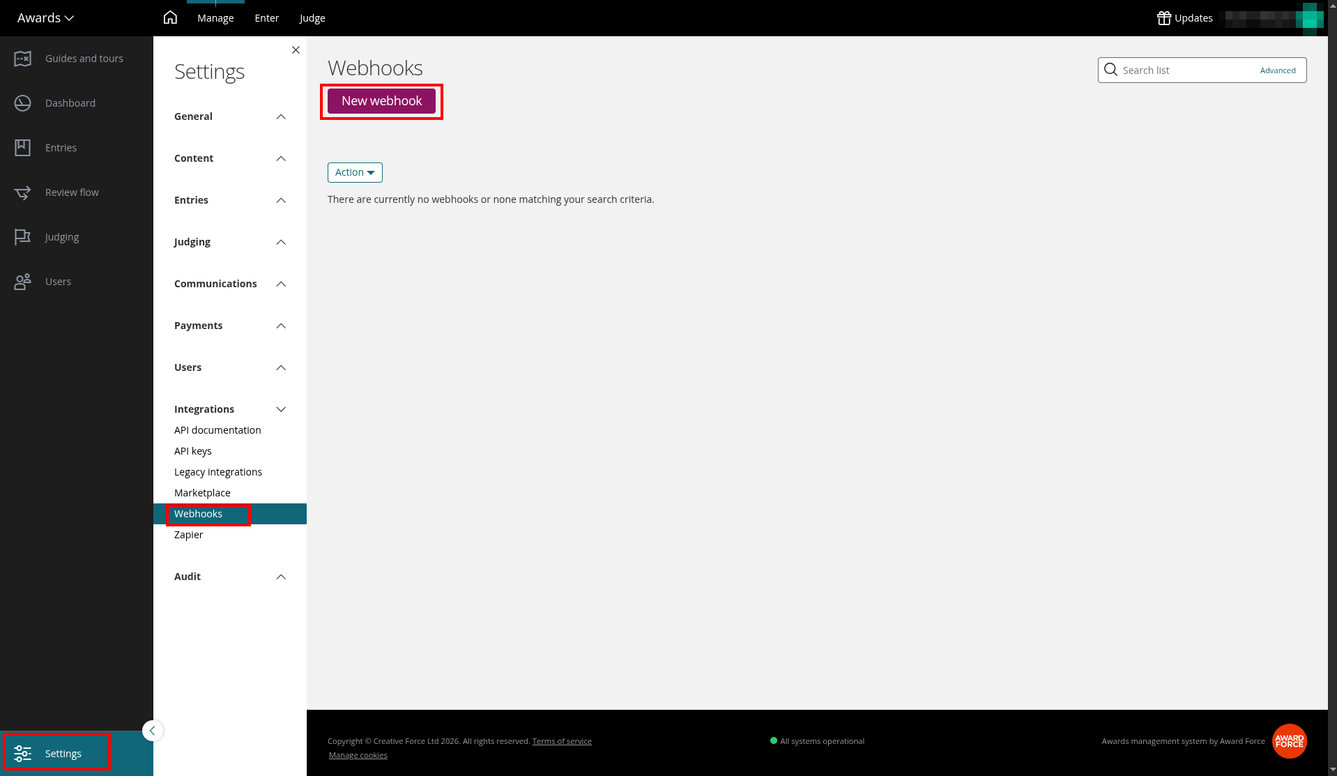 Create webhook in dashboard