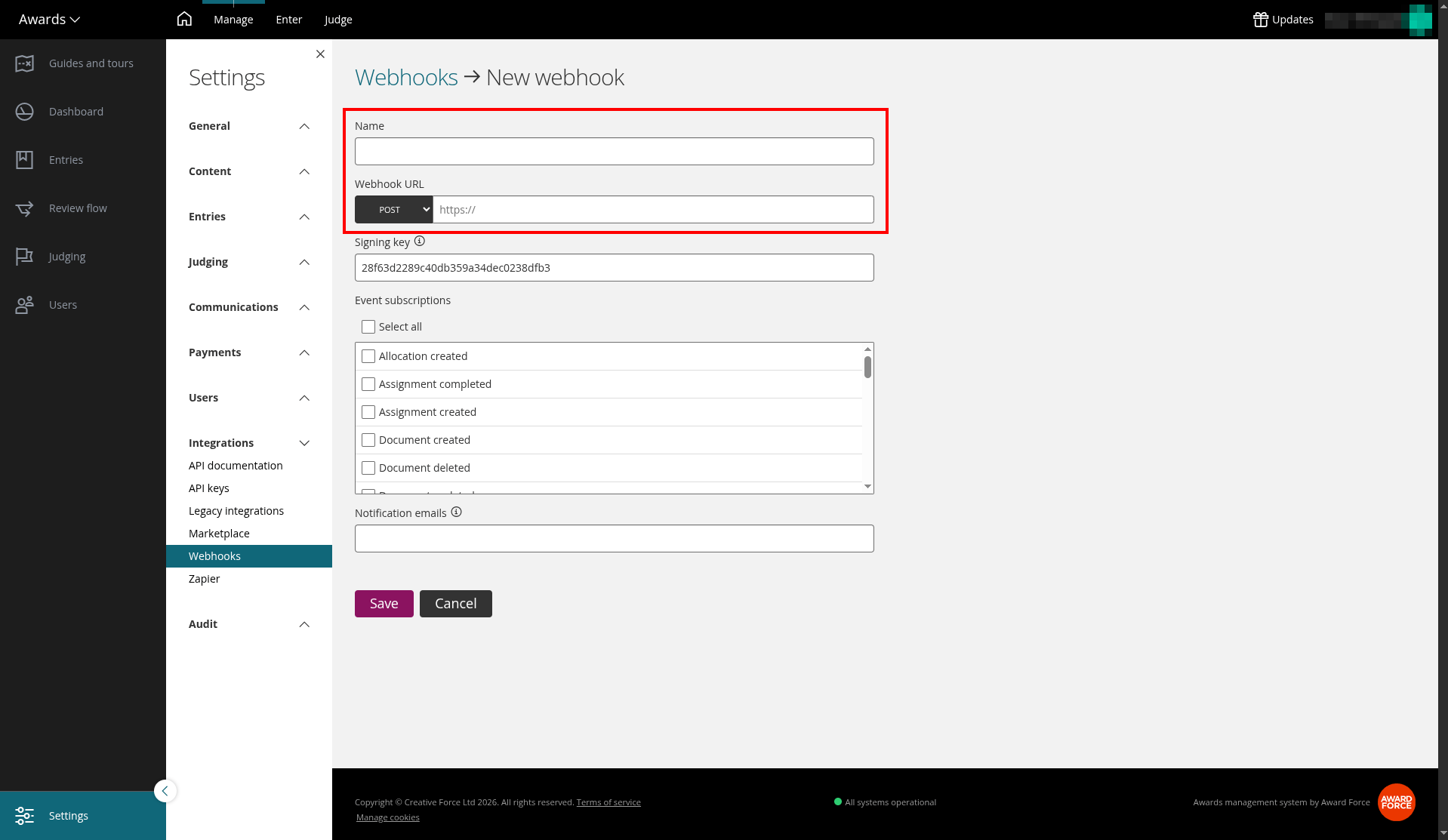 Enter a name and the webhook URL