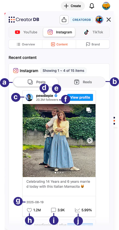 CreatorDB Chrome Extension Content Posts Overview