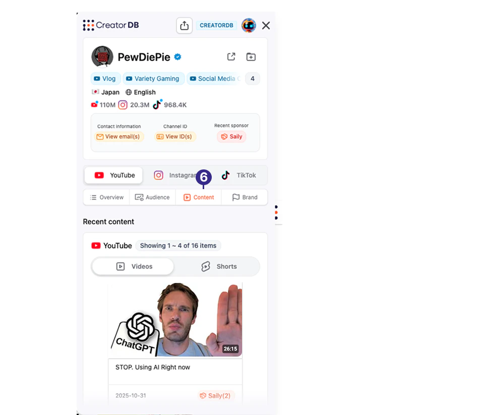 CreatorDB Chrome Extension Content view