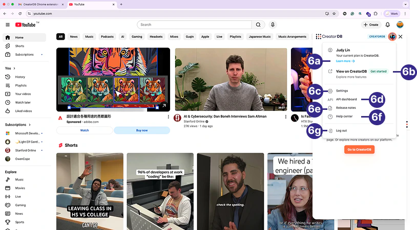 CreatorDB Chrome Extension account management options