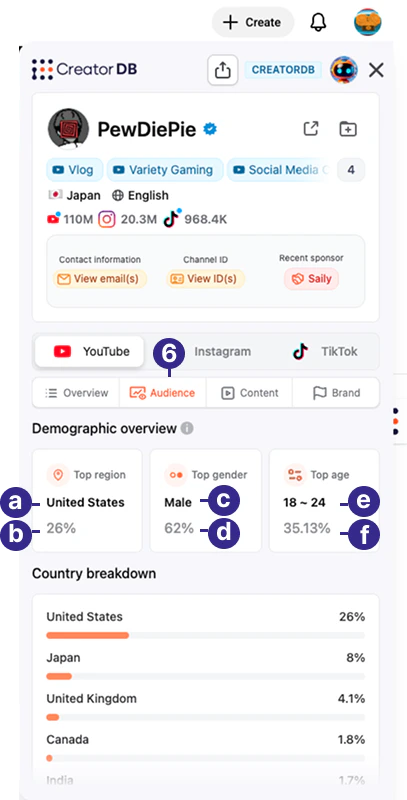 Creator Analytics by CreatorDB YouTube audience demographic overview