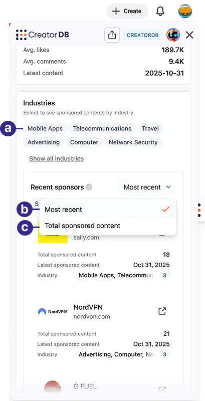 CreatorDB Chrome Extension Industries view