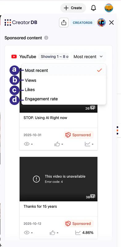 CreatorDB Chrome Extension sponsored content view