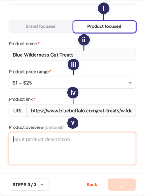 Enter the product focus information
