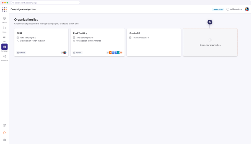 Create organization window