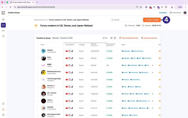 Import creators window
