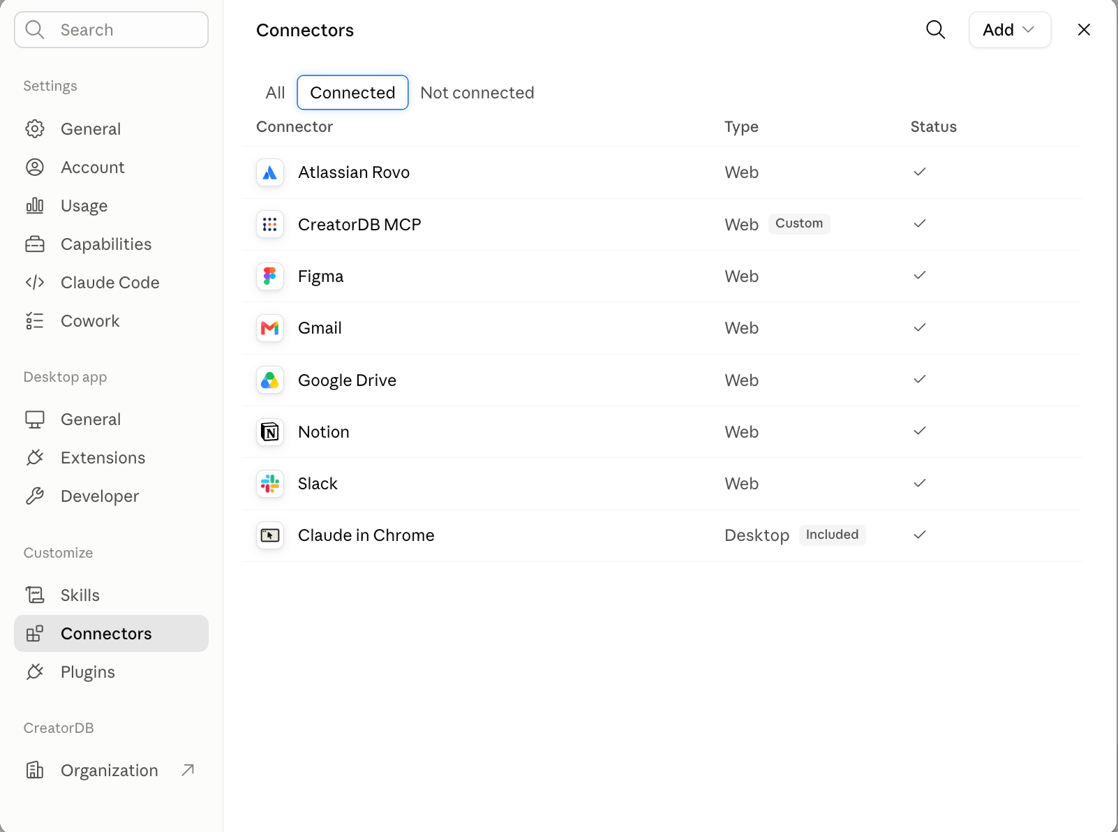 CreatorDB MCP Server connected to Claude