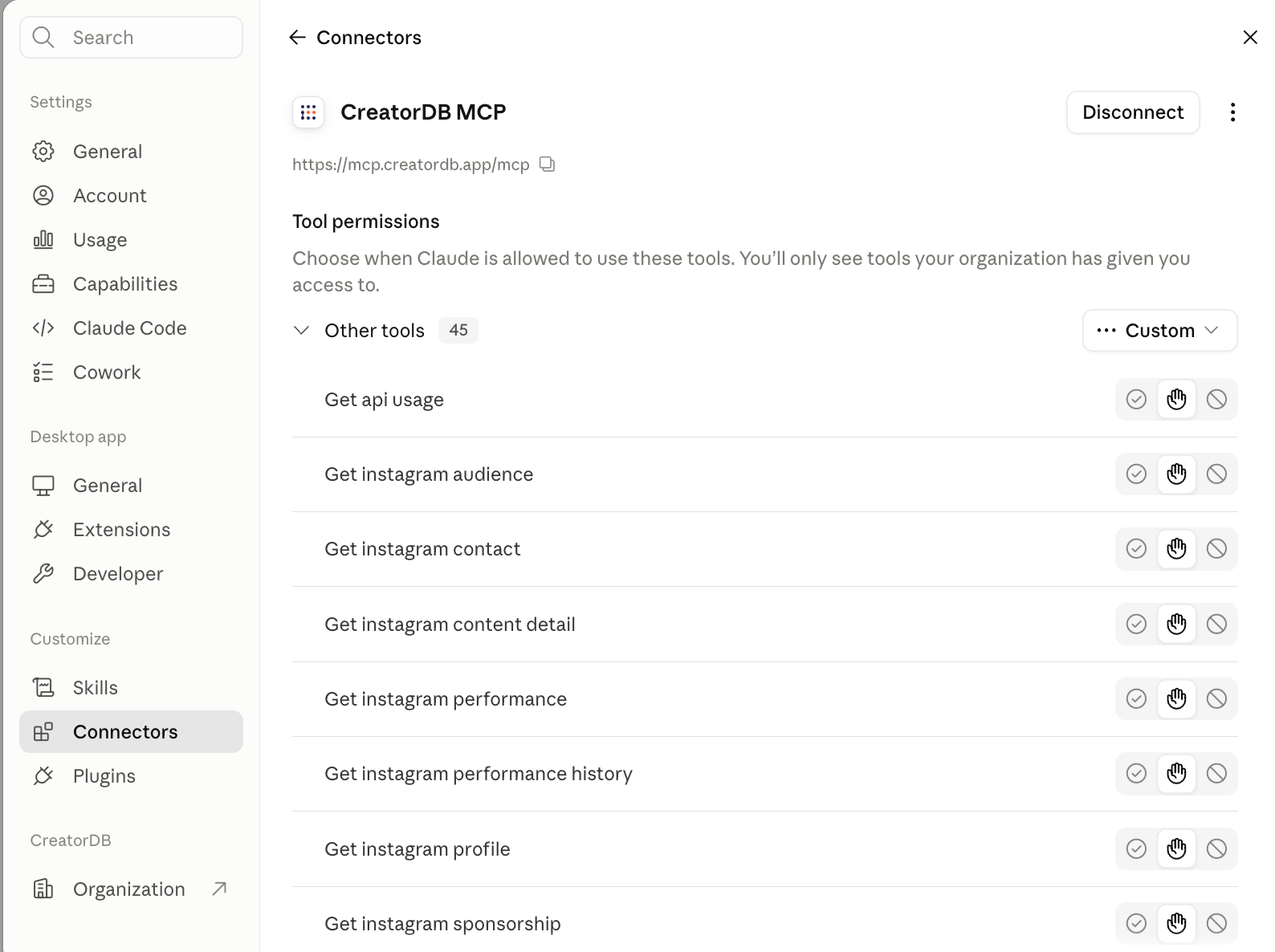 The CreatorDB MCP connector detail page