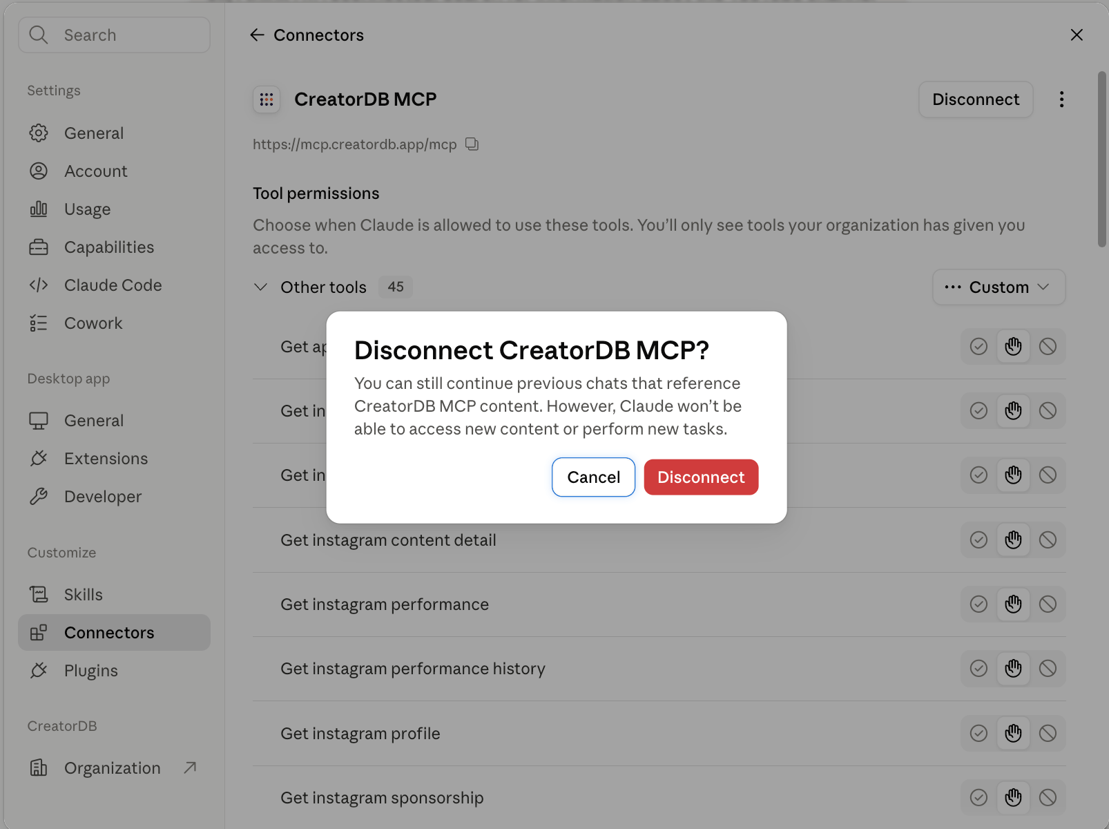 Confirm disconnecting CreatorDB MCP