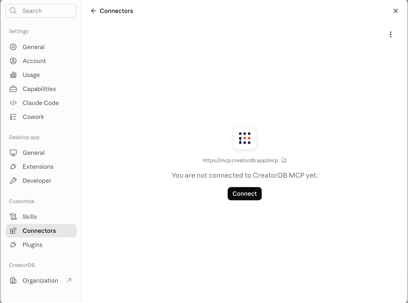 The CreatorDB MCP server is disconnected from Claude