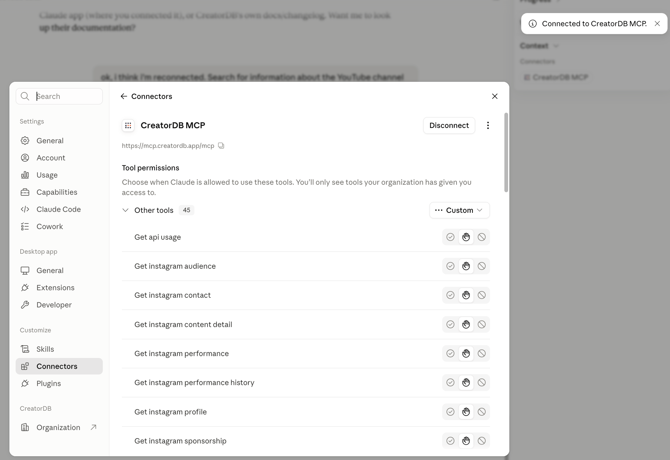 CreatorDB MCP is reconnected