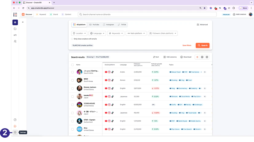 Account settings page