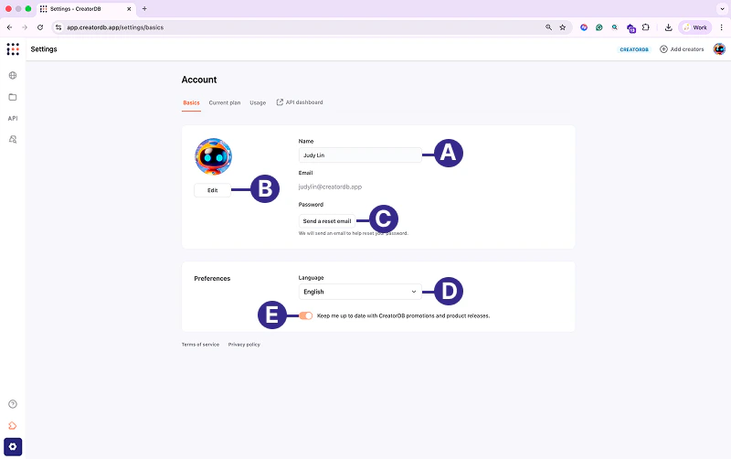 Account settings actions