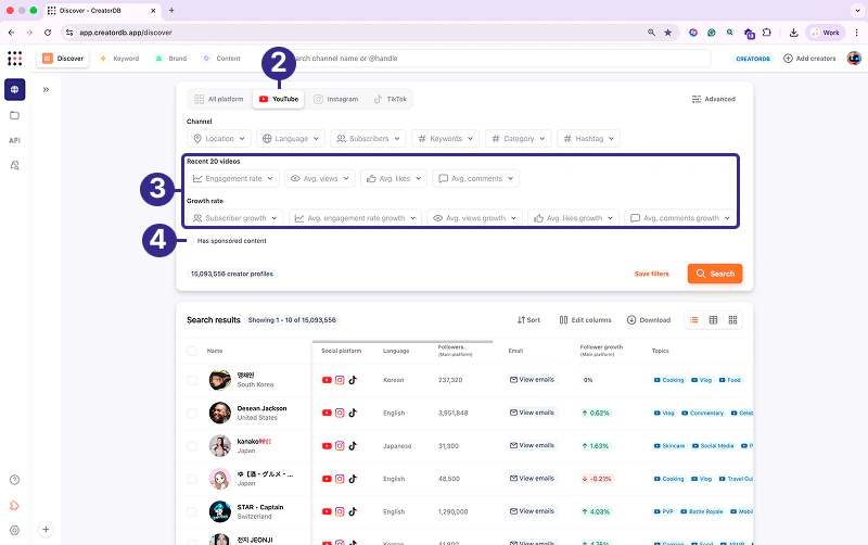 Discover search YouTube filters with Has sponsored content checkbox selected and search results displaying creator profiles with engagement metrics
