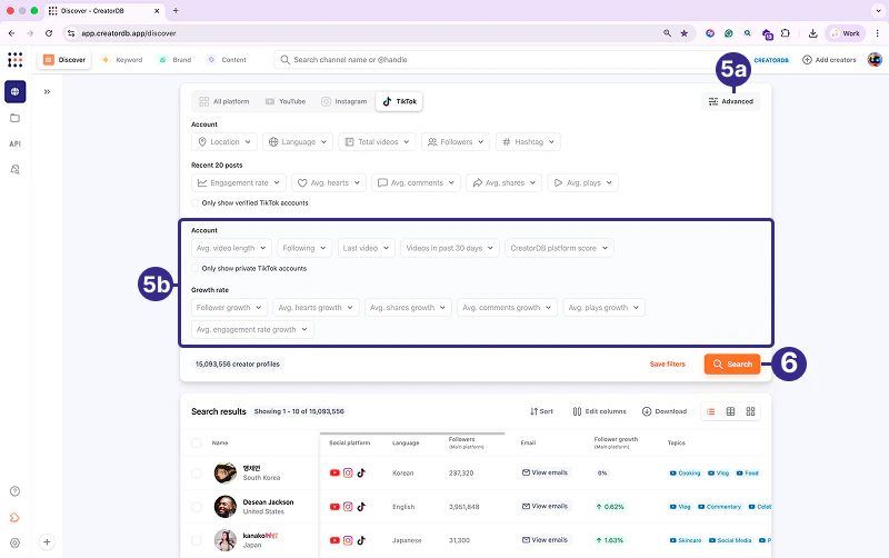 Discover search TikTok results with advanced filters