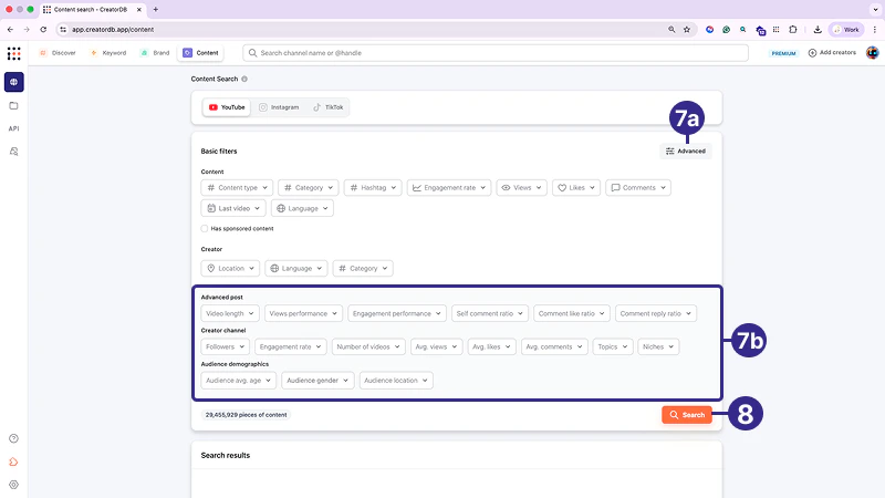Content search results with advanced filters