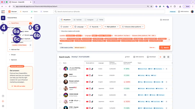 Saved filter actions