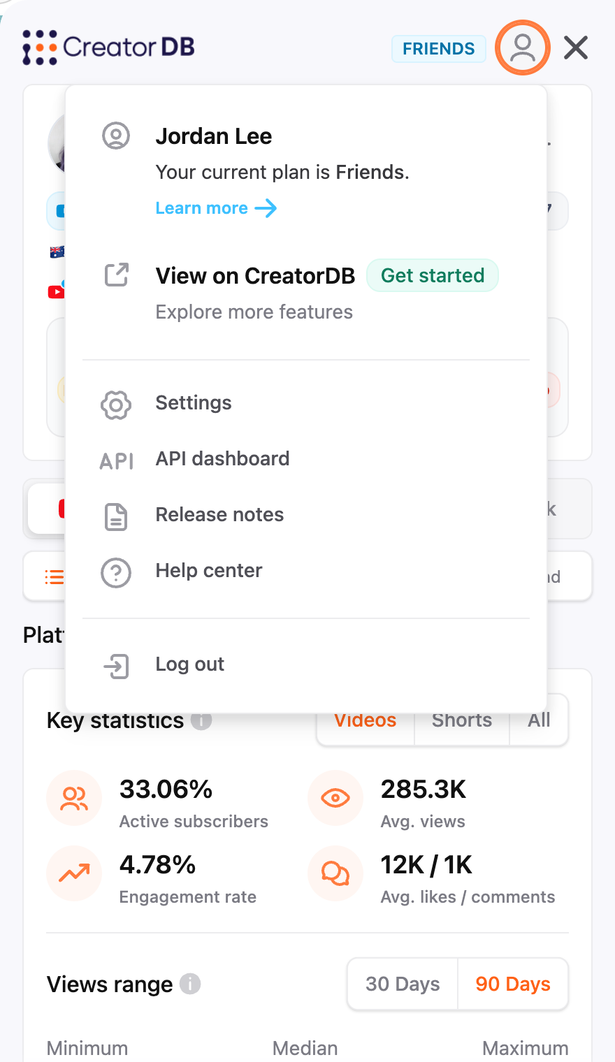 CreatorDB Chrome Extension profile menu
