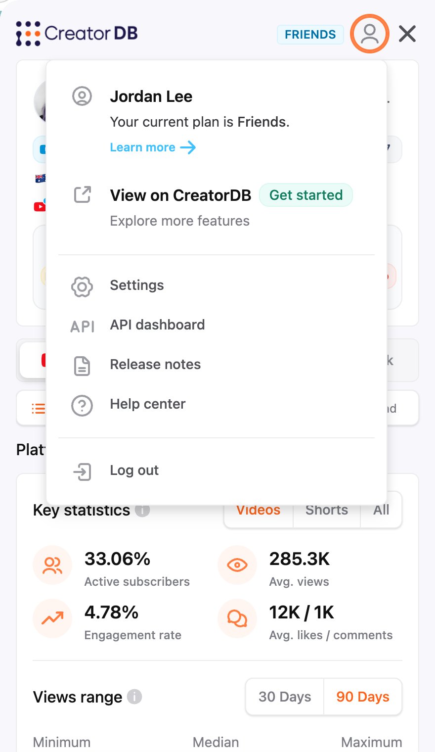 CreatorDB Chrome Extension profile menu
