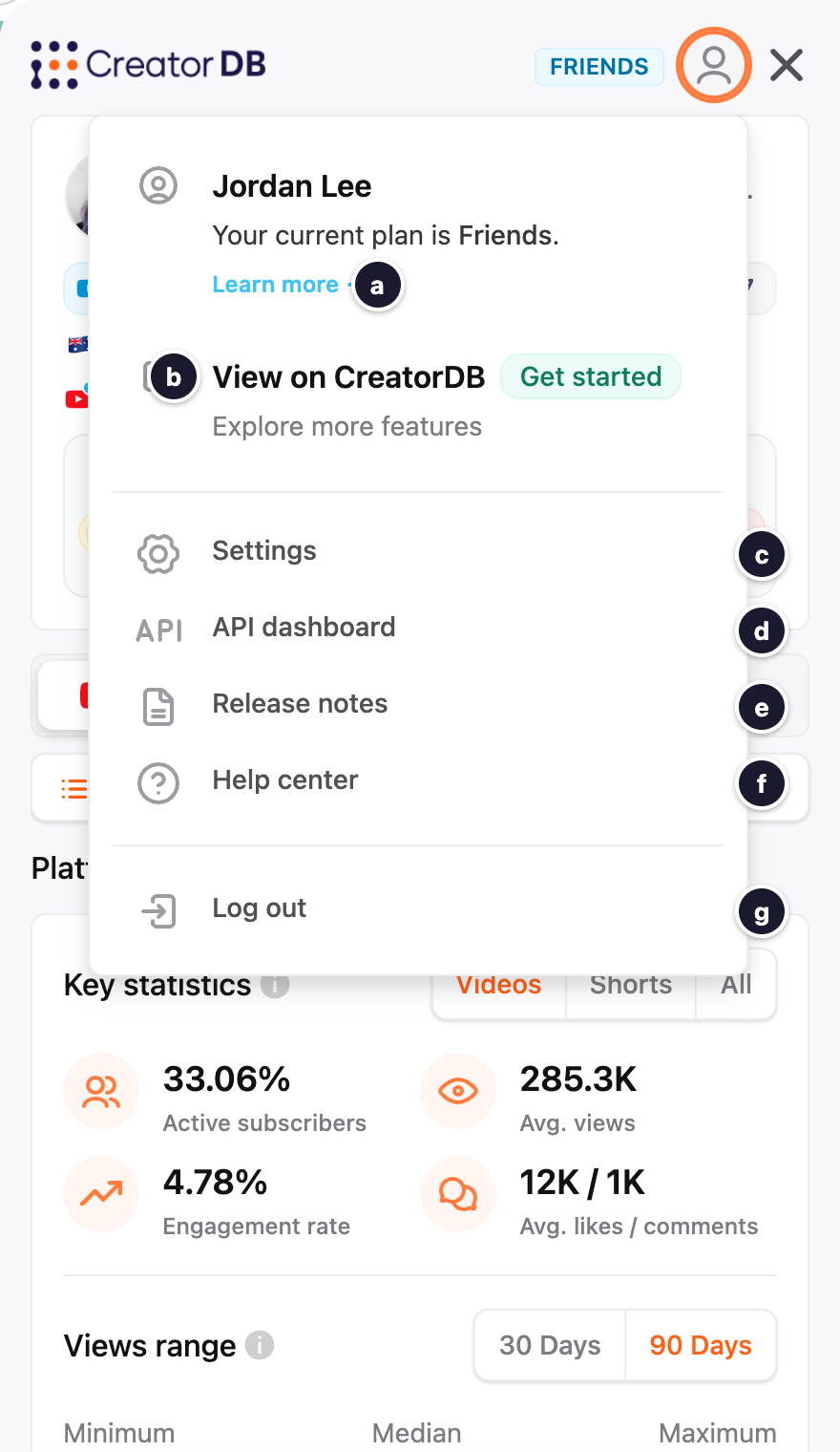 CreatorDB Chrome Extension account management options