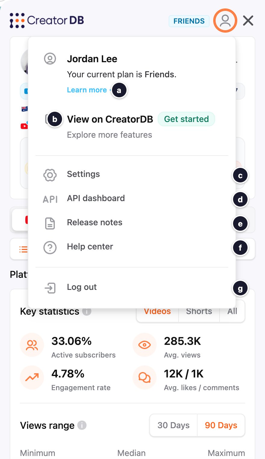 CreatorDB Chrome Extension account management options