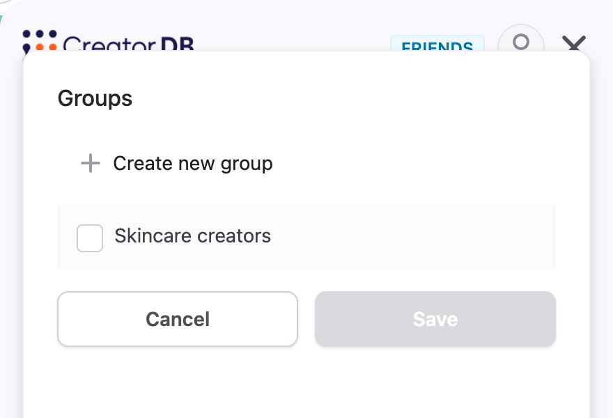 Groups window in Creator Analytics