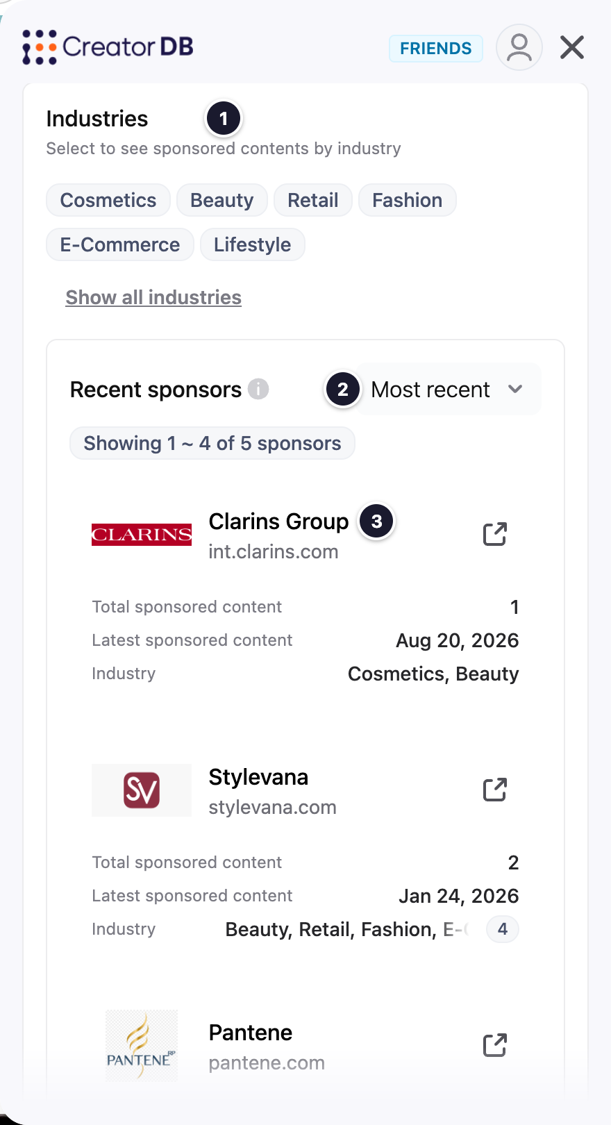 YouTube Brand tab, industries and recent sponsors, with numbered callouts