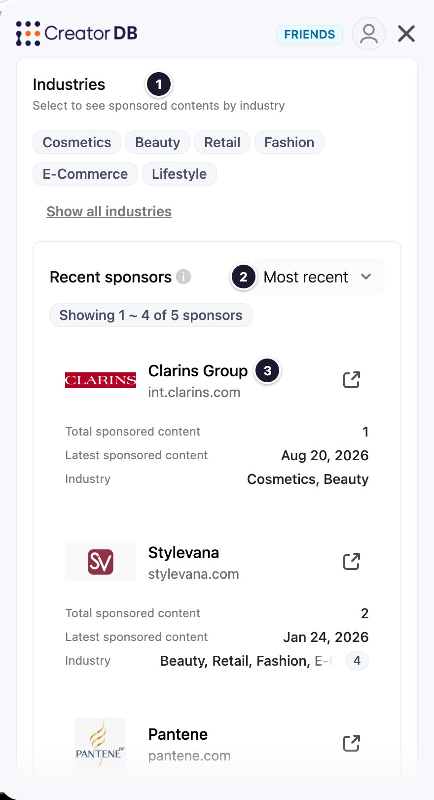 YouTube Brand tab, industries and recent sponsors, with numbered callouts