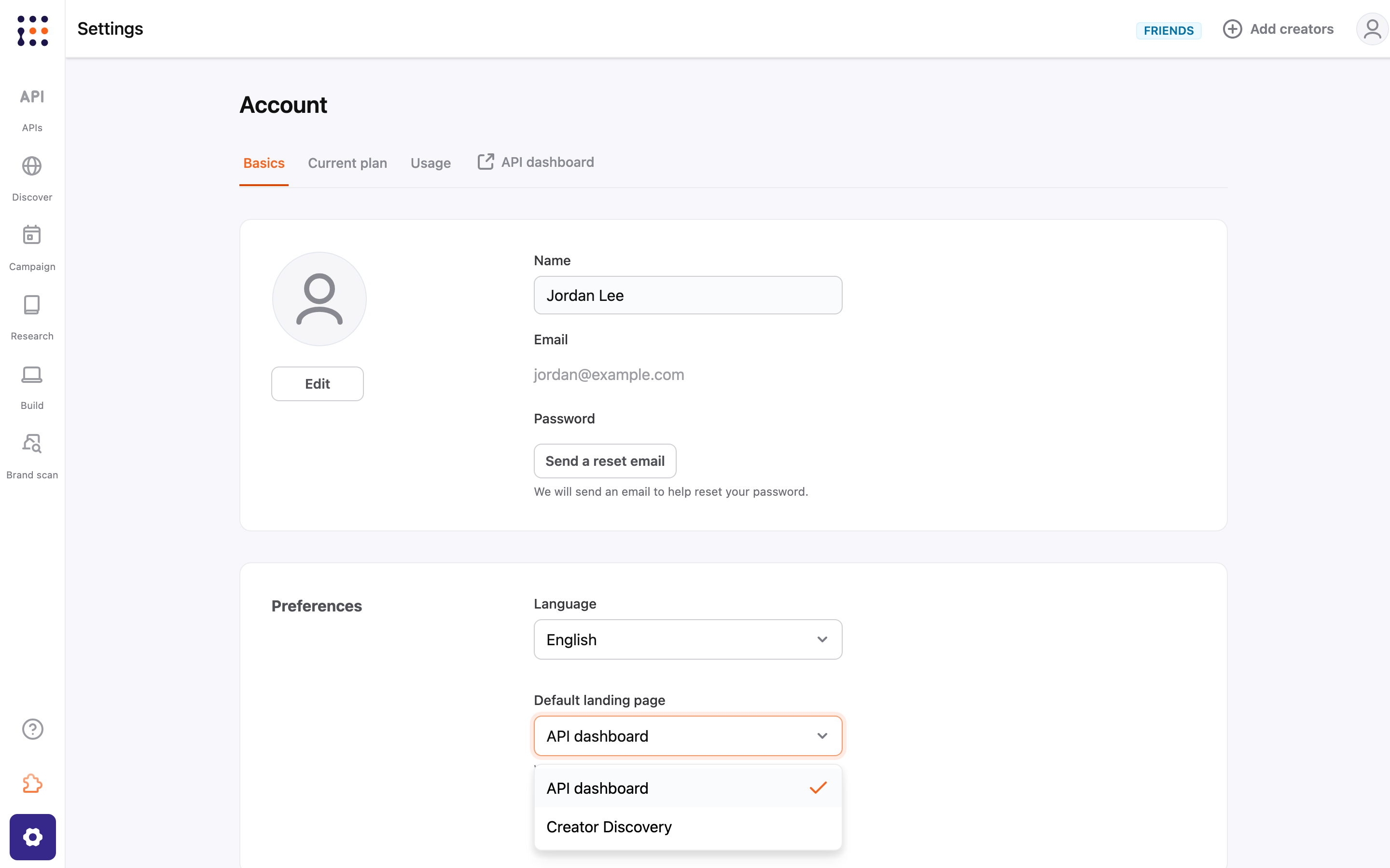 Default landing page drop-down menu