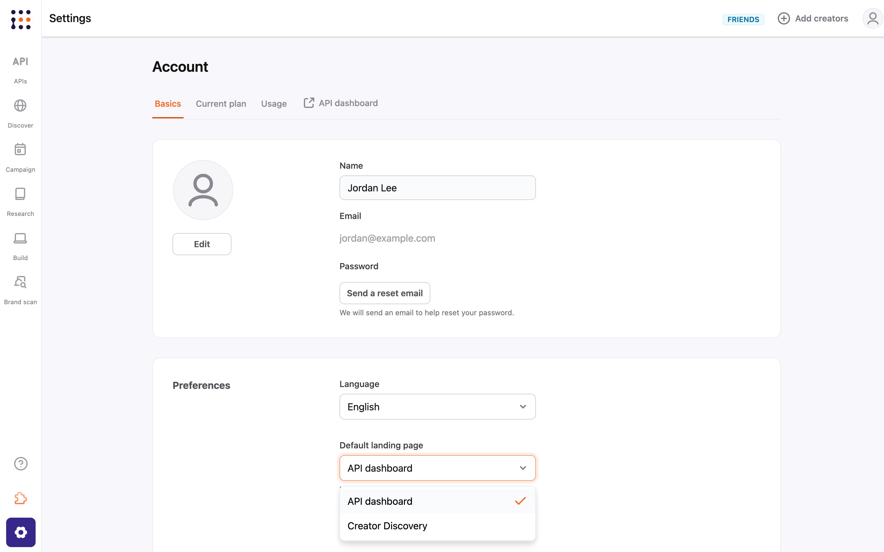 Default landing page drop-down menu