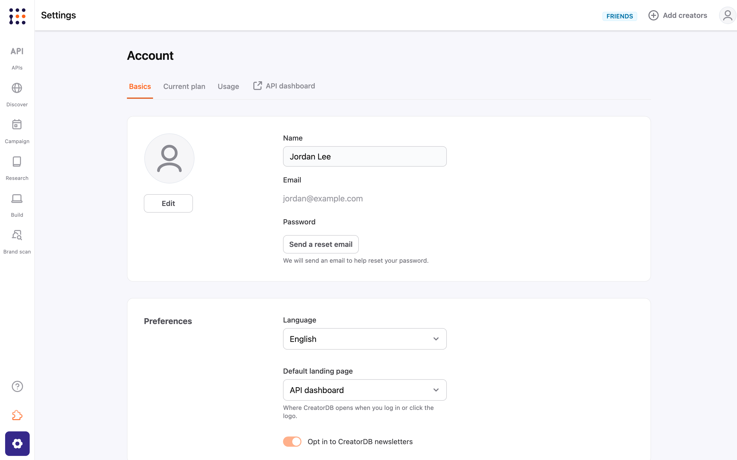 Account settings page