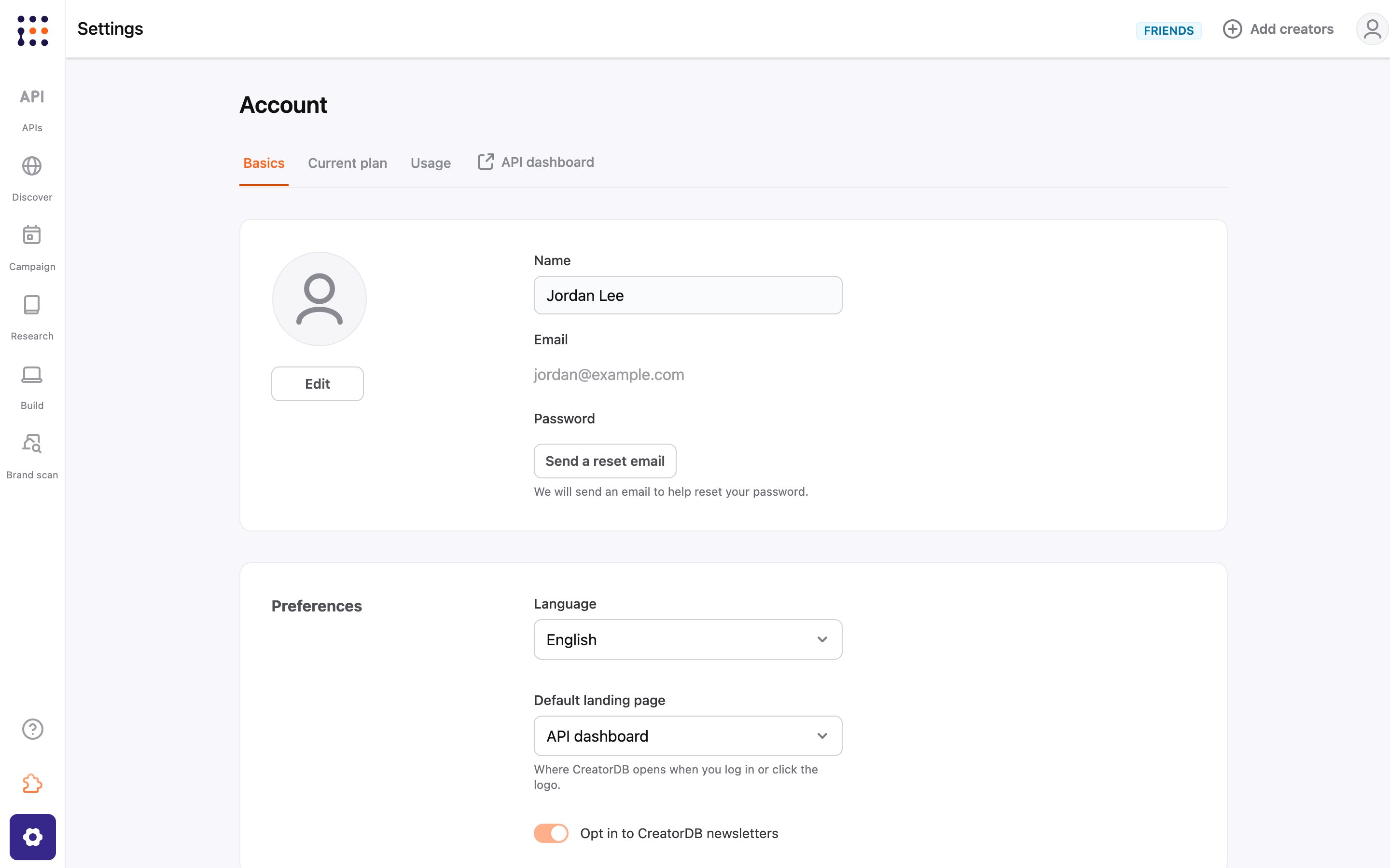 Account settings page