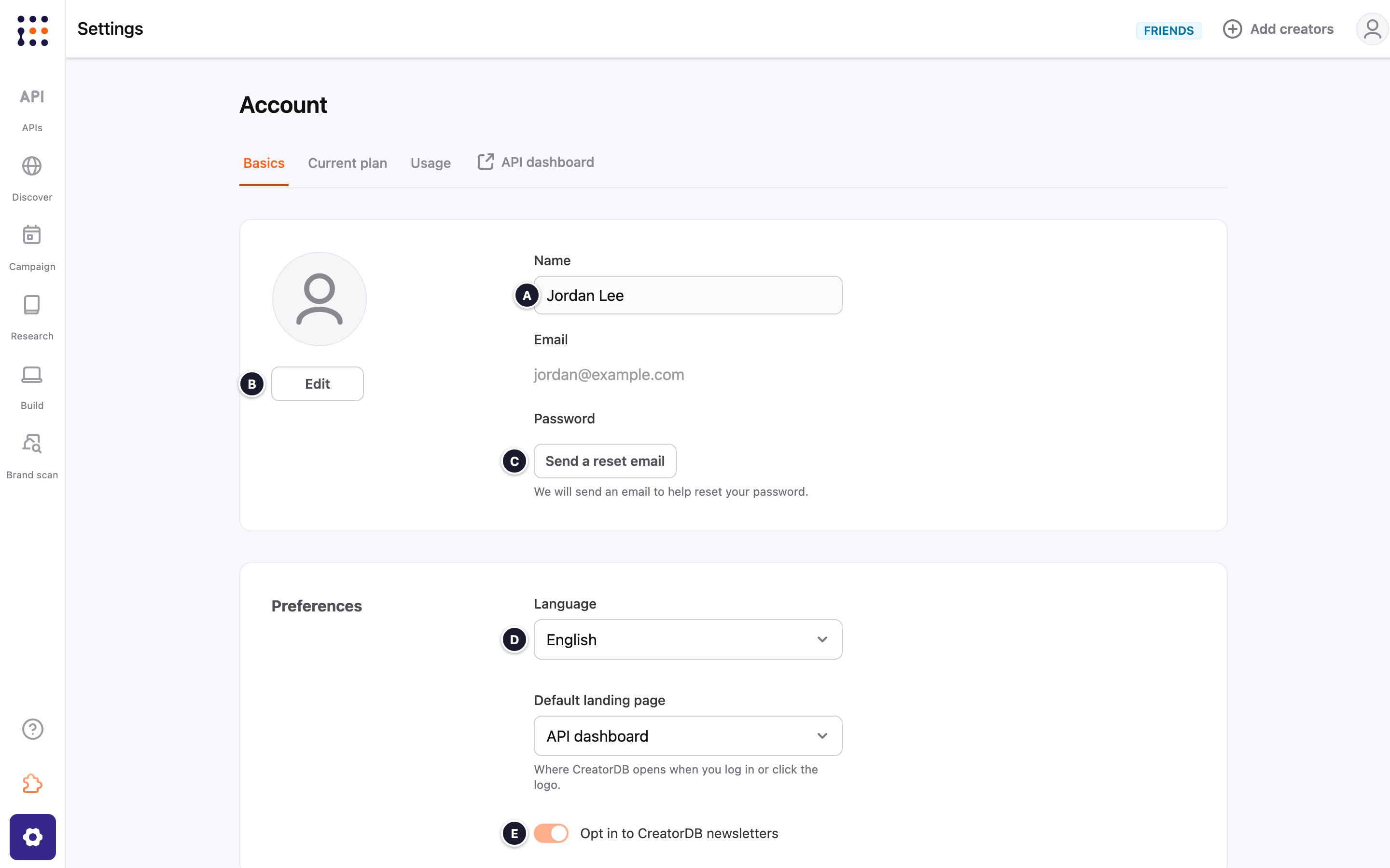 Account settings actions