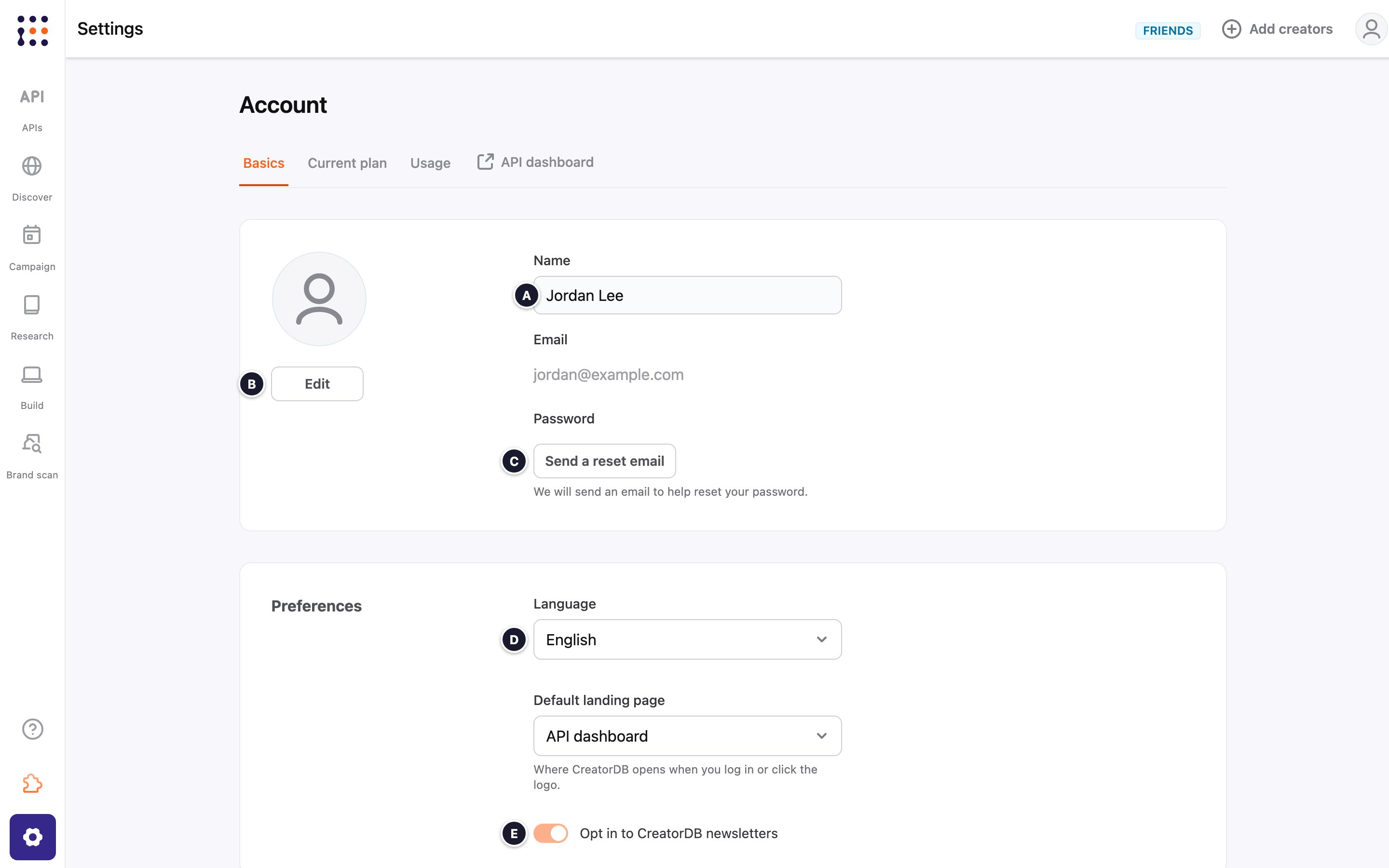Account settings actions