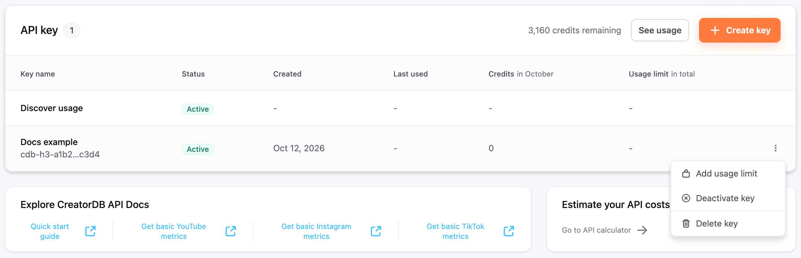 API key drop-down menu