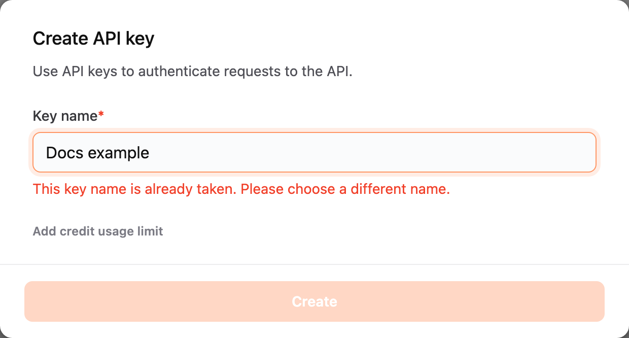 Create API key window