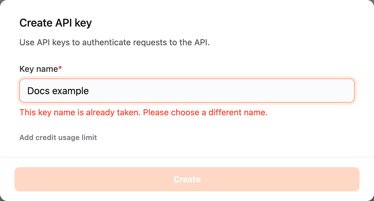Create API key window