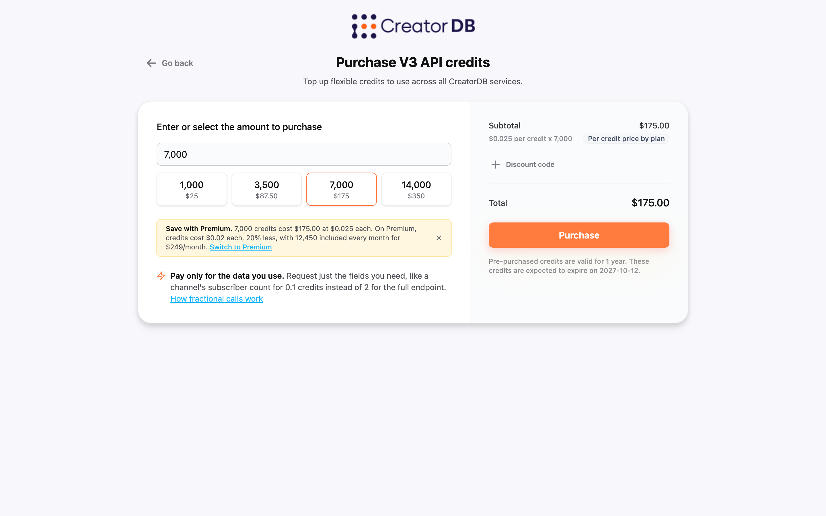 Purchase V3 API credits page