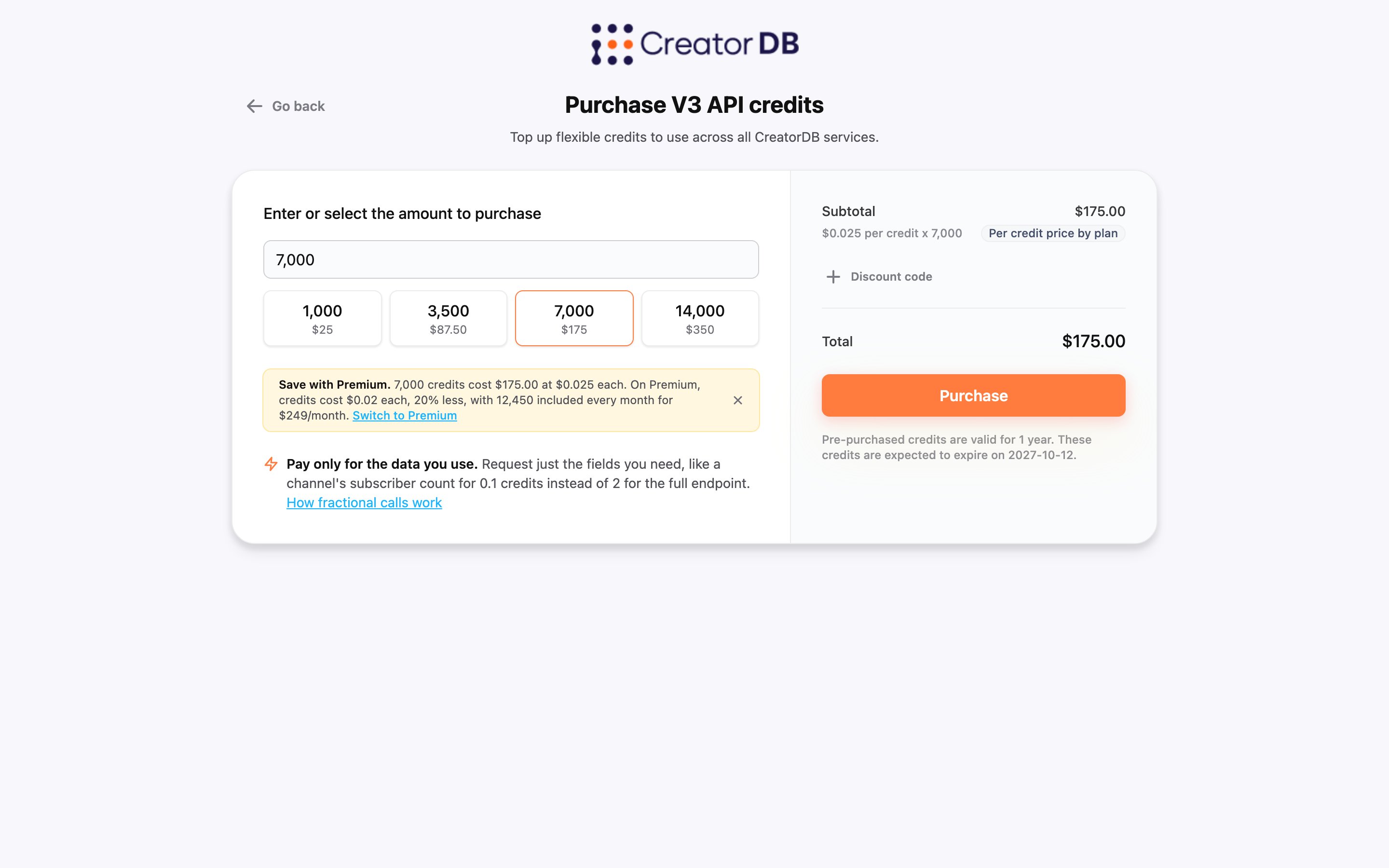 Purchase V3 API credits page