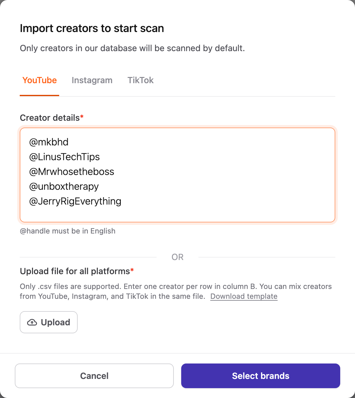 Import creators to start scan window with five YouTube handles entered