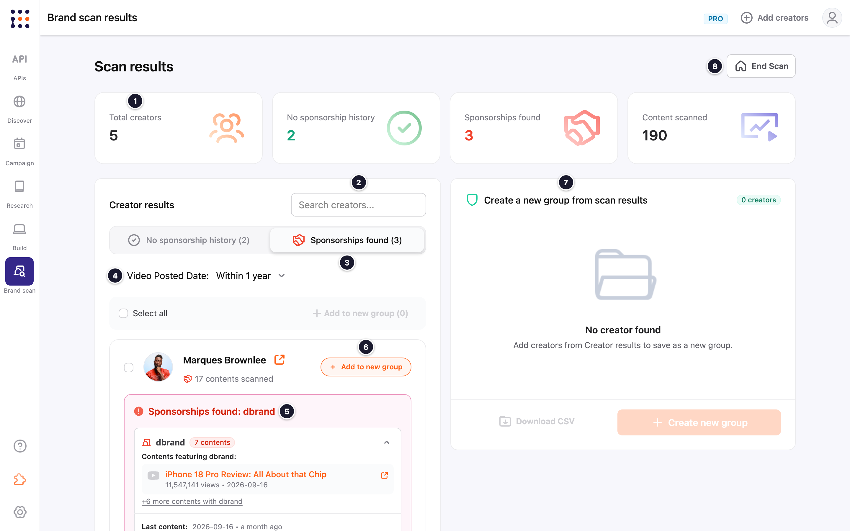 Brand scan results on the Sponsorships found tab with numbered callouts